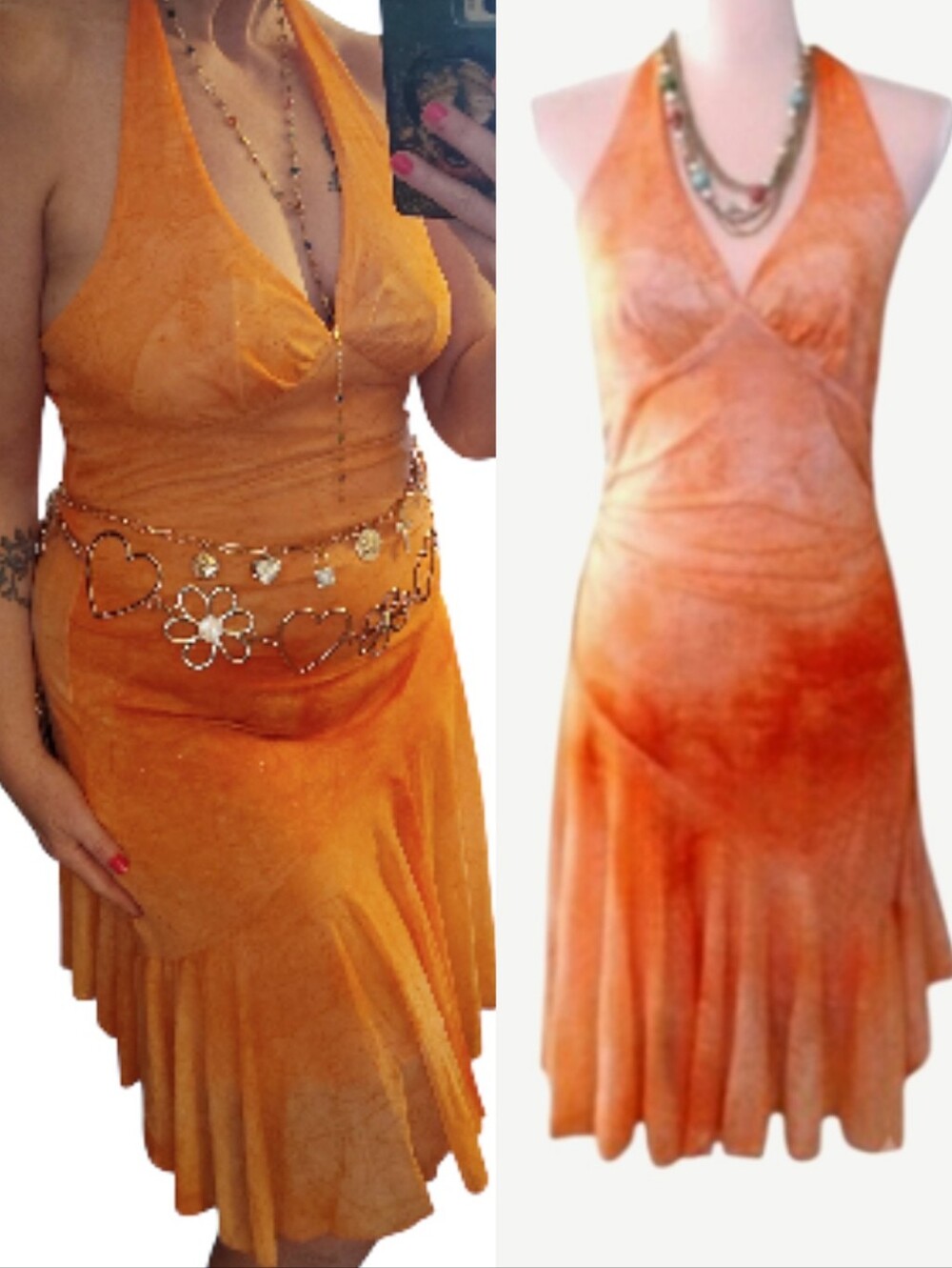 Y2K 90s Orange Tie Dye Asymmetrical‎ Fairy Boho Halter Dress *Medium  Whimsigoth